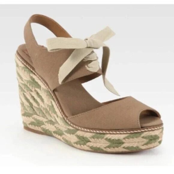 Tory Burch Linley Espadrille Wedge Sandal Platform Lace Up Brown Canvas … - Picture 1 of 8